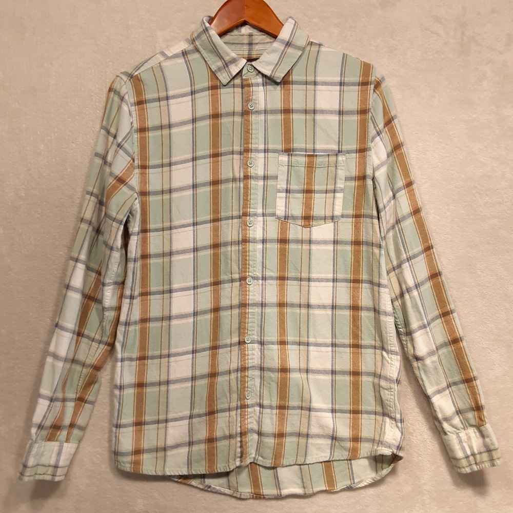 Cotton On Garments Mens Long Sleeve Button Shirt Sz.S/Beige-Blue Plaid/Flannel